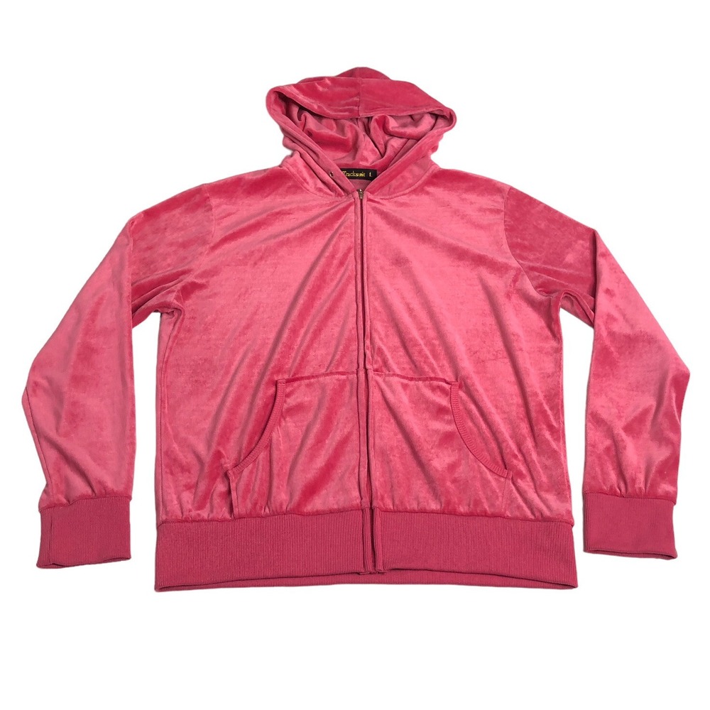 Y2K Tracksuit Velour Track Jacket Hoodie‎ Womens L Pink Hooded Full Zip Preppy